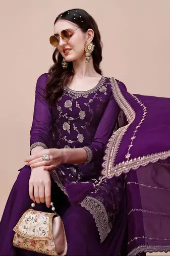 Glam and glamorous lavender colour chinon fabric girlish trendy sharara dress for weddings