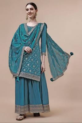 Glam and glamorous blue colour chinon fabric girlish trendy sharara dress for weddings 1