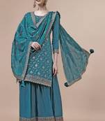 Glam and glamorous blue colour chinon fabric girlish trendy sharara dress for weddings