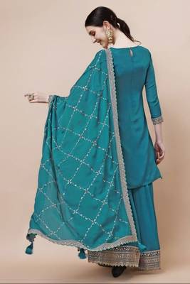 Glam and glamorous blue colour chinon fabric girlish trendy sharara dress for weddings 2