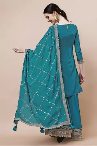Glam and glamorous blue colour chinon fabric girlish trendy sharara dress for weddings