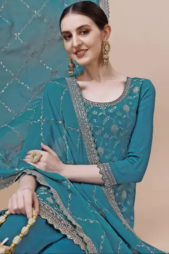 Glam and glamorous blue colour chinon fabric girlish trendy sharara dress for weddings
