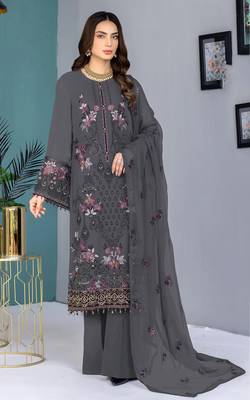 Grey embroidered faux georgette salwar suit 1