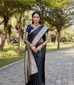 Koram Navy Blue Kanjivaram Soft Satin Silk Zari Weaving Border And Woven Pallu Saree With Blouse For Women