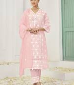 Lakhanvi style boring embroidery  pink colour beautiful ethnic cotton readymade dress for graceful looks