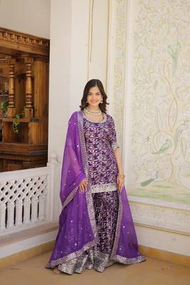 Heavy looks purple colour wedding wear partywear jacquard fabric sequins work sharara dress 1