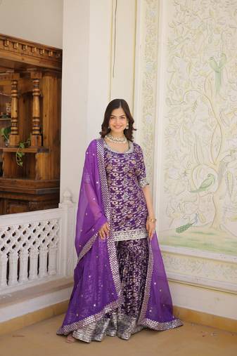 Heavy looks purple colour wedding wear partywear jacquard fabric sequins work sharara dress
