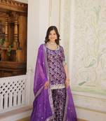 Heavy looks purple colour wedding wear partywear jacquard fabric sequins work sharara dress