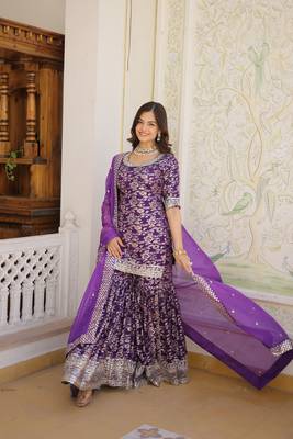 Heavy looks purple colour wedding wear partywear jacquard fabric sequins work sharara dress 2