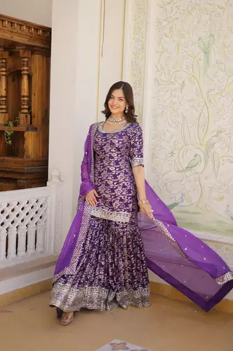 Heavy looks purple colour wedding wear partywear jacquard fabric sequins work sharara dress
