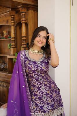 Heavy looks purple colour wedding wear partywear jacquard fabric sequins work sharara dress 3