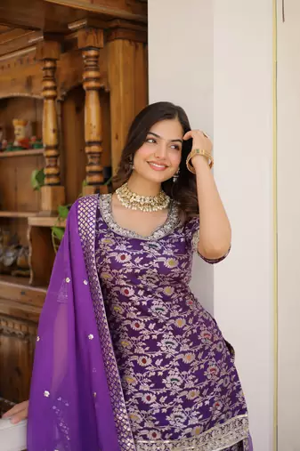 Heavy looks purple colour wedding wear partywear jacquard fabric sequins work sharara dress