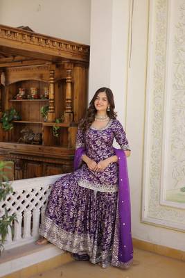 Heavy looks purple colour wedding wear partywear jacquard fabric sequins work sharara dress 4