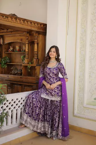 Heavy looks purple colour wedding wear partywear jacquard fabric sequins work sharara dress