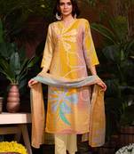 Rich and high class mustard colour floral designer resham work cotton partwear ethnic suit