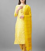 Yellow colour rayon fabric designer printed with embroidery work readymade suits
