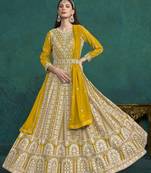 Yellow colour heavy thread embroidery wedding wear anarkali dress for glam looks