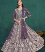 Purple colour heavy thread embroidery wedding wear anarkali dress for glam looks