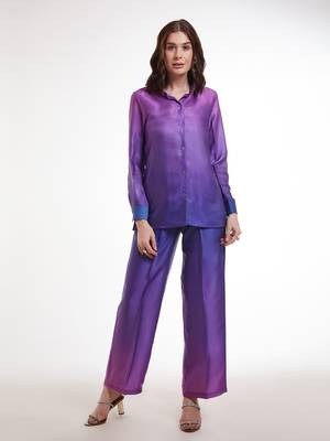 Purple gradient button-down pants set 1