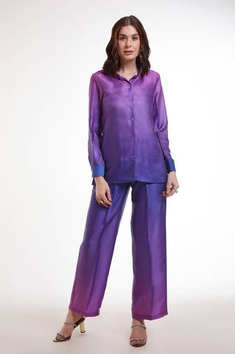 Purple gradient button-down pants set
