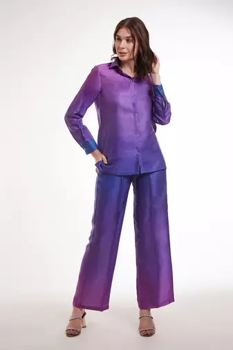 Purple gradient button-down pants set