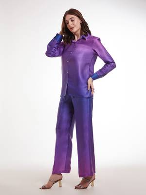 Purple gradient button-down pants set 3