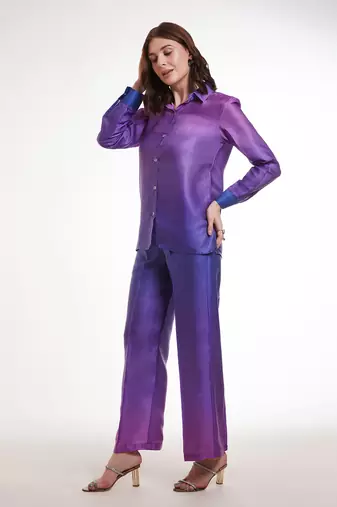 Purple gradient button-down pants set