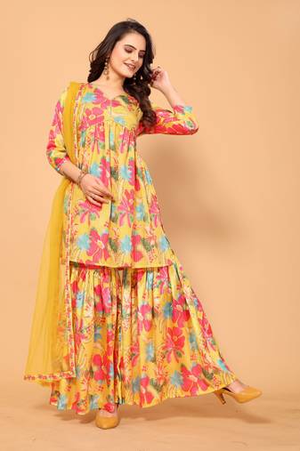 Yellow stylish designer printed and sequins lining partywear sharara dress