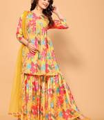 Yellow stylish designer printed and sequins lining partywear sharara dress
