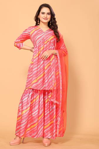 Pink stylish designer printed and sequins lining partywear sharara dress