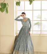 Heavy designer embroidery work ethnic grey colour high end wedding anarkali dress