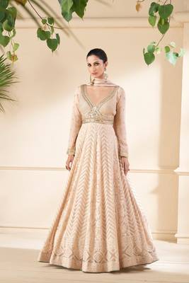 Heavy designer embroidery work ethnic peach colour high end wedding anarkali dress 1