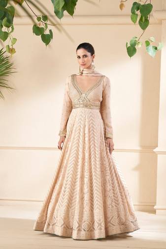 Heavy designer embroidery work ethnic peach colour high end wedding anarkali dress