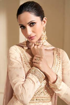 Heavy designer embroidery work ethnic peach colour high end wedding anarkali dress 2