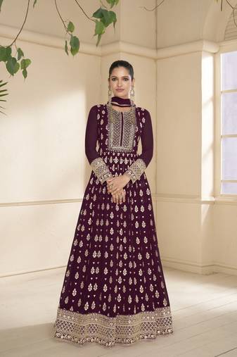 Heavy designer embroidery work ethnic wine colour high end wedding anarkali dress without bottom
