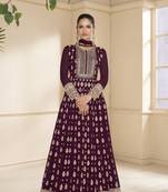 Heavy embroidery work ethnic wine colour high end wedding anarkali dress without bottom