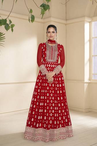 Heavy designer embroidery work ethnic red colour high end wedding anarkali dress