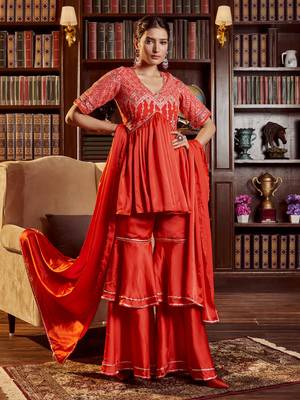 Red colour glamorous cotton fabric embroidered work ethnic heavy partywear readymade dress 1