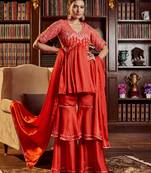 Red colour glamorous cotton fabric embroidered work ethnic heavy partywear readymade dress