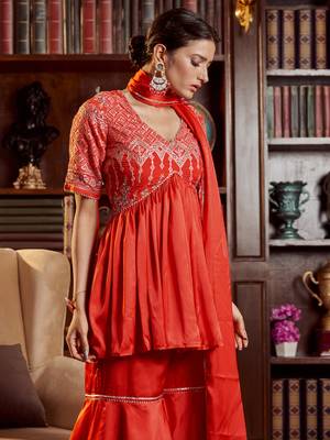 Red colour glamorous cotton fabric embroidered work ethnic heavy partywear readymade dress 3