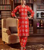 Red colour glamorous rayon fabric foil printed ethnic heavy partywear readymade dress