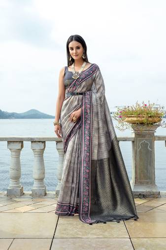 Grey Soft Silk Zari And Print Woven Saree Festive Wear