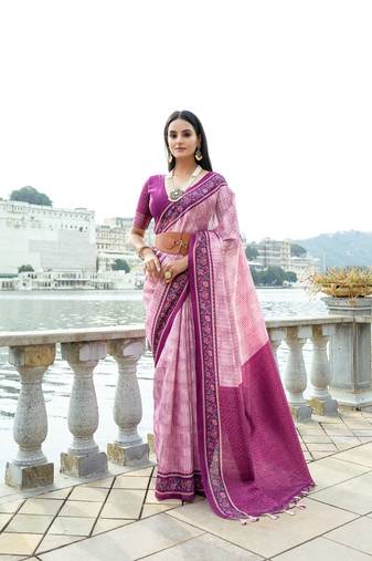 Pink Soft Silk Zari And Print Woven Saree Festive Wear