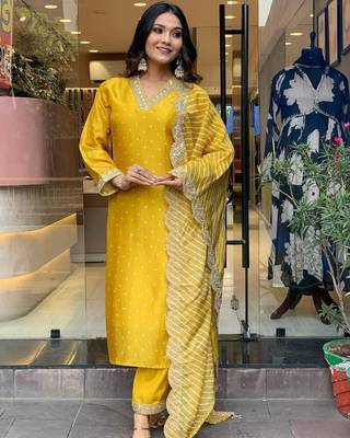 Yellow Women Embroidered Pure Cotton Straight Kurta Pant Dupatta Set 1