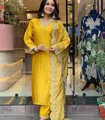 Yellow Women Embroidered Pure Cotton Straight Kurta Pant Dupatta Set