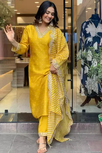 Yellow Women Embroidered Pure Cotton Straight Kurta Pant Dupatta Set