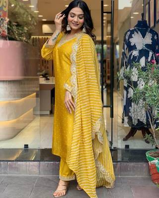 Yellow Women Embroidered Pure Cotton Straight Kurta Pant Dupatta Set 3