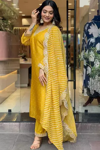 Yellow Women Embroidered Pure Cotton Straight Kurta Pant Dupatta Set