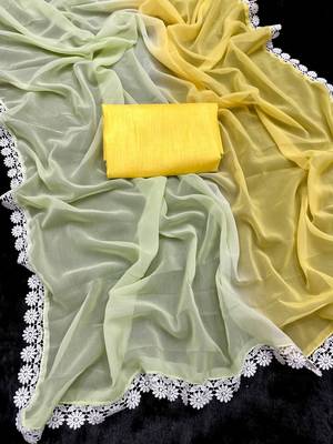 Yellow And Pista Colour Georgette Fabric Lace Border Saree WITH UN-STITCHED BLOUSE 1