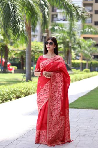 Red Banglori Silk Blend Woven Saree Festive Wear
